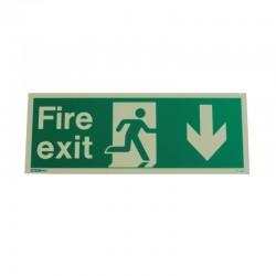 Photoluminescent Fire Exit Sign Featuring Text Reading "Fire Exit" With An Arrow Pointing Down And A Running Person Symbol.