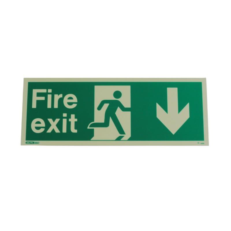 Photoluminescent Fire Exit Sign Featuring Text Reading "Fire Exit" With An Arrow Pointing Down And A Running Person Symbol.