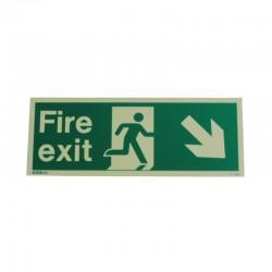 Photoluminescent Fire Exit Sign Reading "Fire Exit" With An Arrow Pointing Down And Right And A Running Person Symbol.