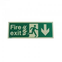 NHS Compliant Photoluminescent Fire Exit Sign Reading "Fire Exit" With An Arrow Pointing Down.