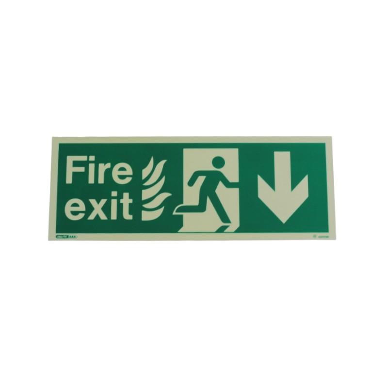 NHS Compliant Photoluminescent Fire Exit Sign Reading "Fire Exit" With An Arrow Pointing Down.