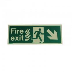 NHS Compliant Photoluminescent Fire Exit Sign Reading "Fire Exit" With An Arrow Pointing Down And Right.