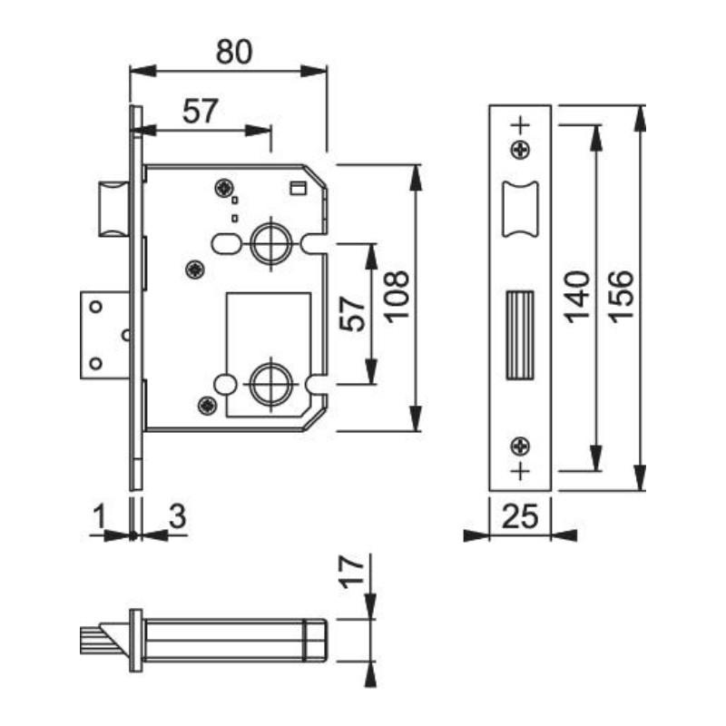 Dimensions For The Mortice Bathroom Lock Case With 57mm Backset