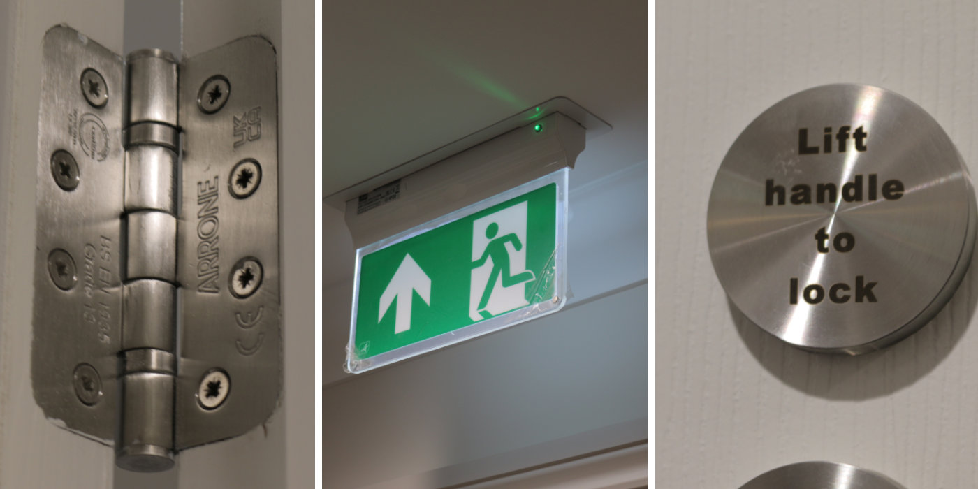 Hinge, fire exit sign and lock