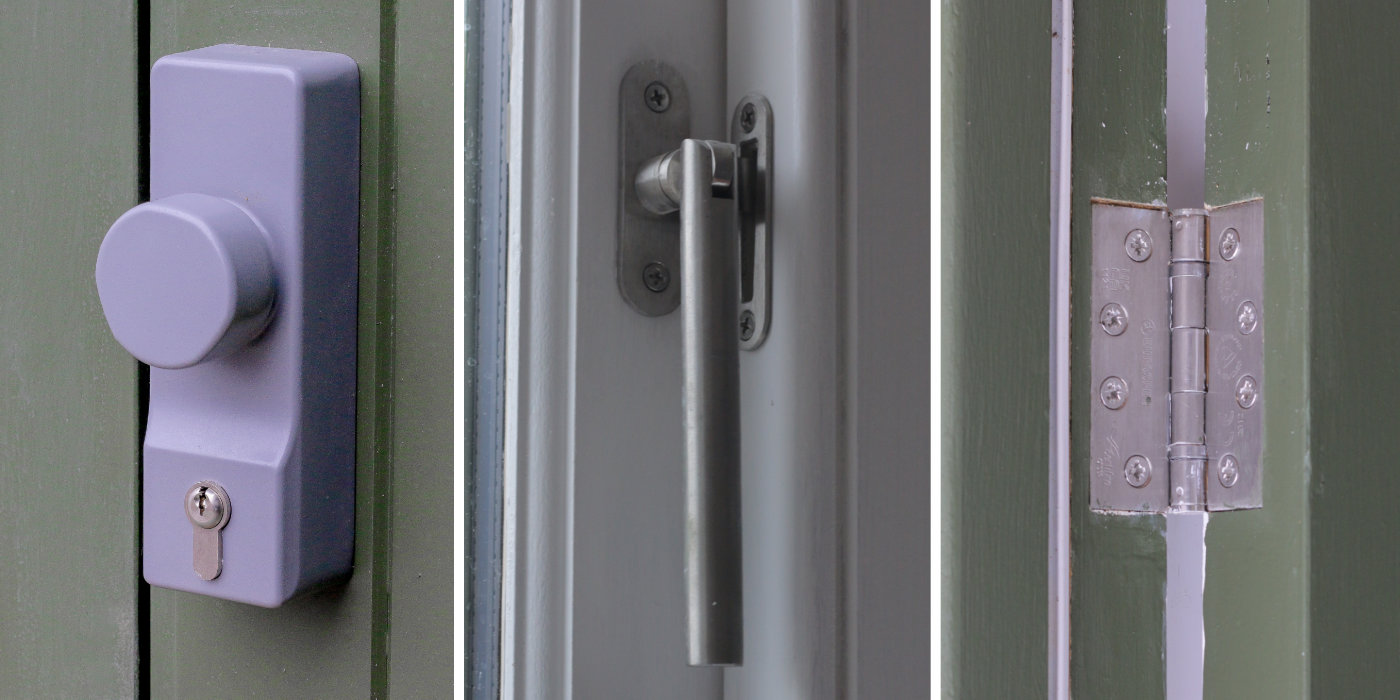 Various ironmongery on doors including hinge and lock